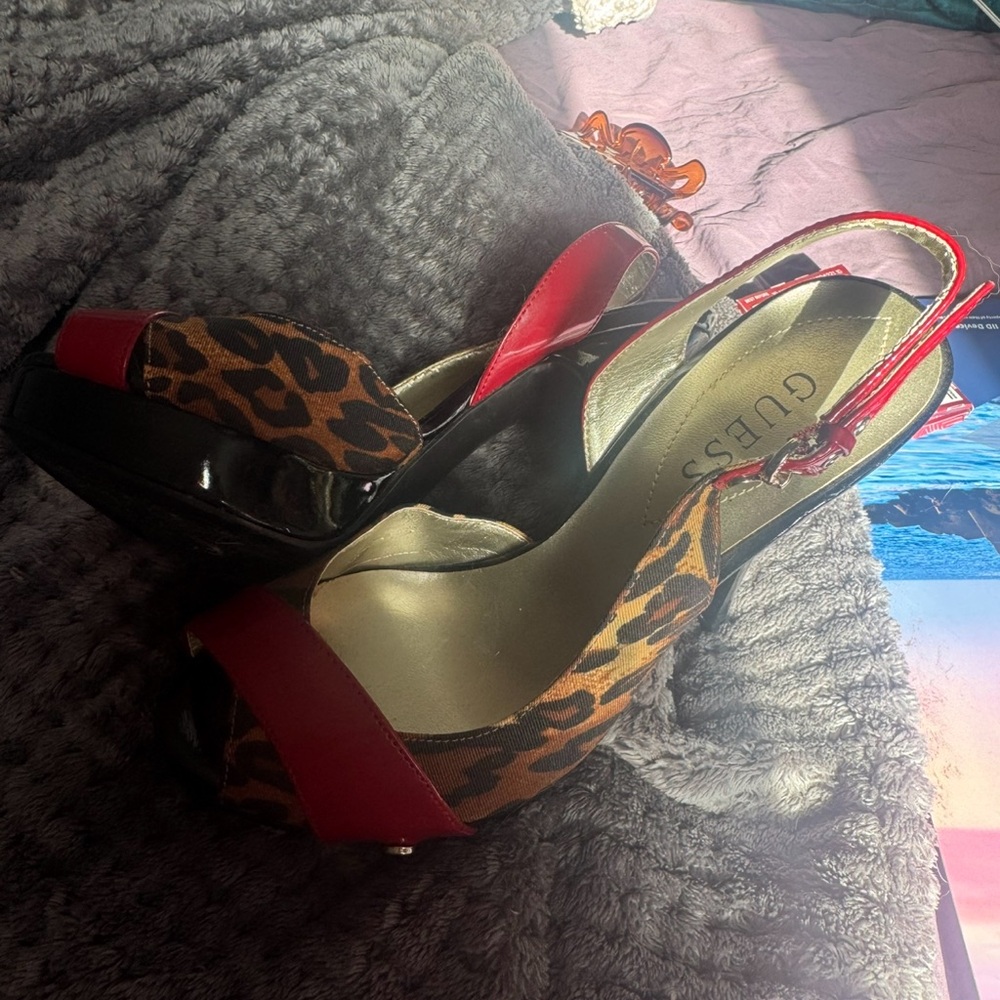 Guess Red and Brown High Heeled Slingback Pumps